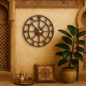 Arabic wall clock decor, Round wall clock with arabic numbers, Rustic wooden clock, Arabic numeral wall clock, Modern arabic clock