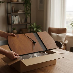 May include: A modern wooden wall clock with a unique design. The clock features a light brown wood finish with a dark gray accent and black clock hands. The clock is being removed from a cardboard box.