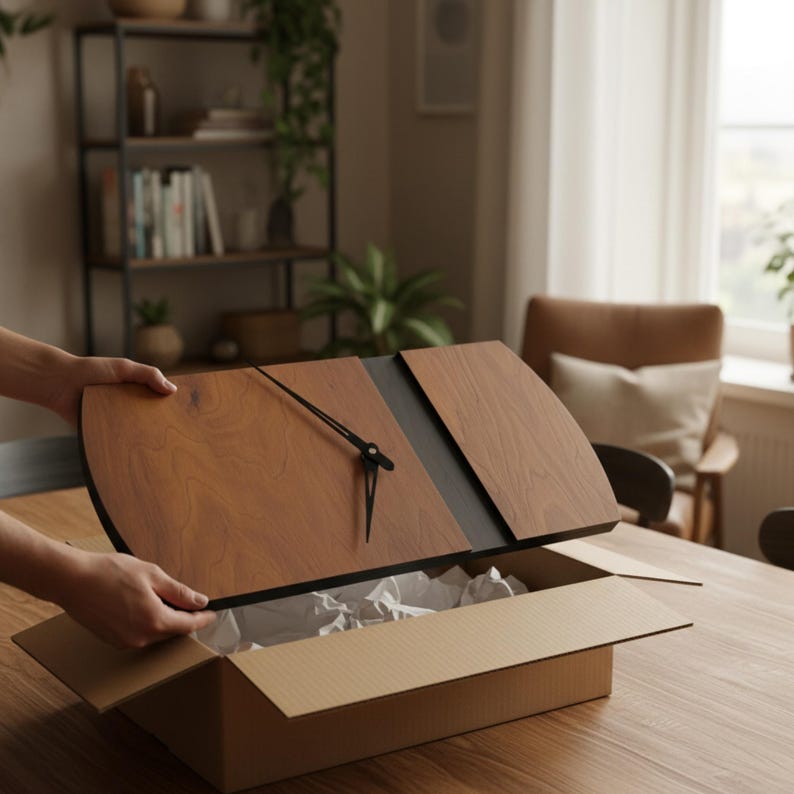 May include: A modern wooden wall clock with a unique design. The clock features a light brown wood finish with a dark gray accent and black clock hands. The clock is being removed from a cardboard box.