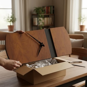 May include: A modern wooden wall clock with a cherry finish and black accents is being removed from its cardboard box. The clock features black hands and a unique design. The box contains white packing paper.