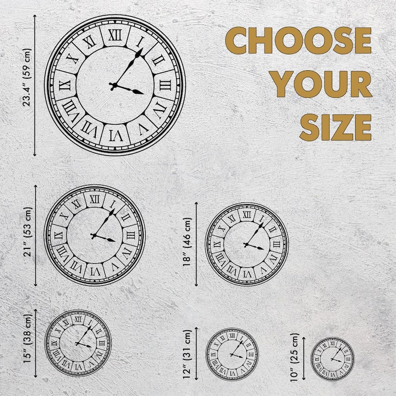 Puede incluir: Una selecci&oacute;n de relojes de pared en blanco y negro de varios tama&ntilde;os, que van desde 25 cm hasta 59 cm. Cada reloj presenta n&uacute;meros romanos y manecillas negras sobre un fondo blanco. Se muestra el texto "CHOOSE YOUR SIZE".