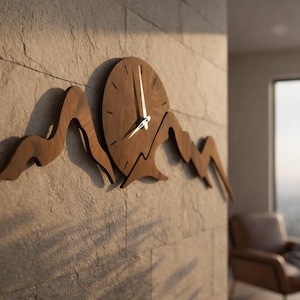 May include: A brown wooden wall clock featuring a circular face with simple hour markers and silver hands, integrated into a decorative horizontal silhouette of mountain peaks that extends across the wall surface in a continuous wood grain design.