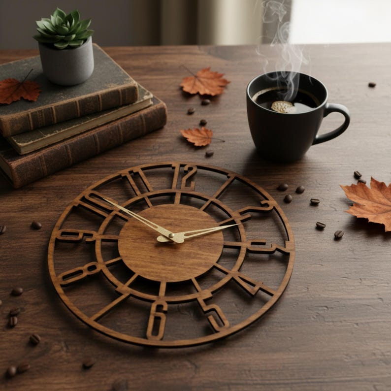 Puede incluir: Un reloj de pared de madera con acabado marr&oacute;n oscuro. El reloj presenta un dise&ntilde;o circular con n&uacute;meros romanos y manecillas doradas. Una taza de caf&eacute;, libros y hojas de oto&ntilde;o tambi&eacute;n est&aacute;n sobre la superficie de madera.