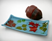 Fall Leaves on Blue Fused Glass Tray