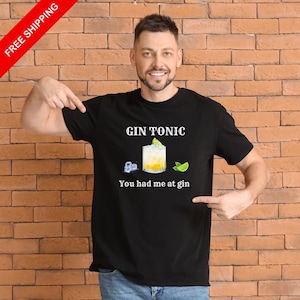 T-shirt Gin Tonic - Chemise cocktail unisexe | T-shirt drôle de boisson d&#39;été | Cadeau pour les amateurs de gin | Cadeau d&#39;été, t-shirt imprimé citron, cadeau barman