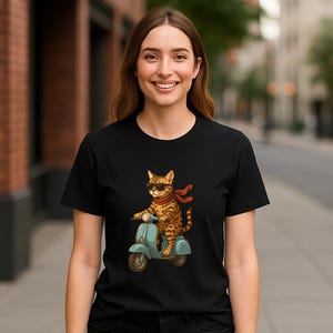 Camiseta vintage de scooter com gato de bengala - Estilo retrô de desenho animado - Presente para amantes de gatos, entusiastas de scooter, fãs de pop e colecionadores vintage