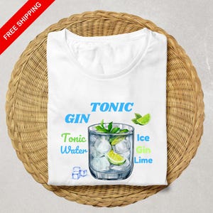 T-shirt Gin Tonic - Chemise cocktail unisexe | T-shirt drôle de boisson d&#39;été | Cadeau pour les amateurs de gin | Cadeau d&#39;été, t-shirt imprimé citron, cadeau barman