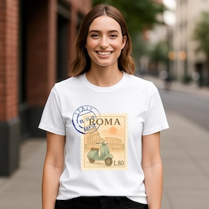 Camiseta vintage com selo postal da Vespa Itália, camiseta retrô de viagem de scooter, presente para colecionadores de selos e amantes do vintage, design de cartão postal