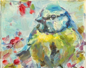 Print on paper, Baby bird, Yellow and blue bird, Blue Tit