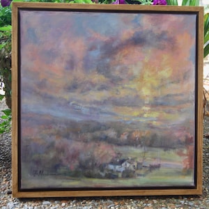 Sunset painting of trees with frame, trees, fall landscape, Brentwood Tennessee landscape ,