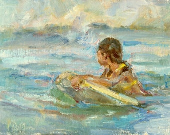 girl on a float in ocean, Children in ocean, Children jumping waves, beach art