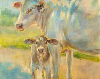 White cow, Mom and baby, Farm animals, nursery art, farm house