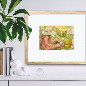 Mother's Day, Print of Little girl reading, For mom, Girl sitting outside, girl with hat in colorful print image 2