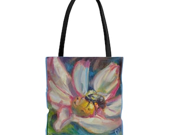 Tote Bag (AOP), bee on a flower, book bag