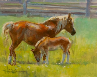 Horse and Colt, Baby with mom, nursery art, farm animals