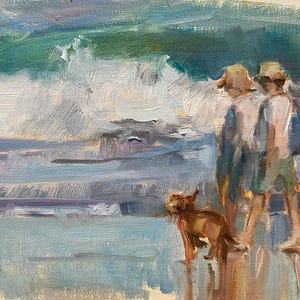 Evening stroll on the beach, Couple walking dog, Beach scene, small art for gallery wall