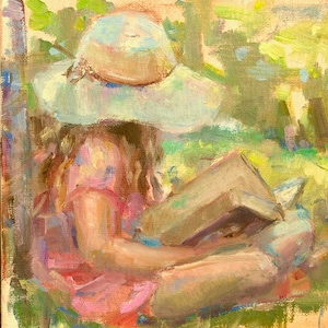 Mother's Day, Print of Little girl reading, For mom, Girl sitting outside, girl with hat in colorful print image 5