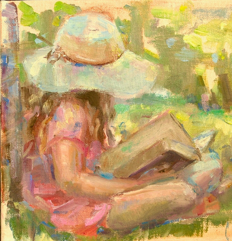 Mother's Day, Print of Little girl reading, For mom, Girl sitting outside, girl with hat in colorful print image 5