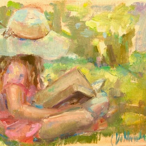 Mother's Day, Print of Little girl reading, For mom, Girl sitting outside, girl with hat in colorful print image 1