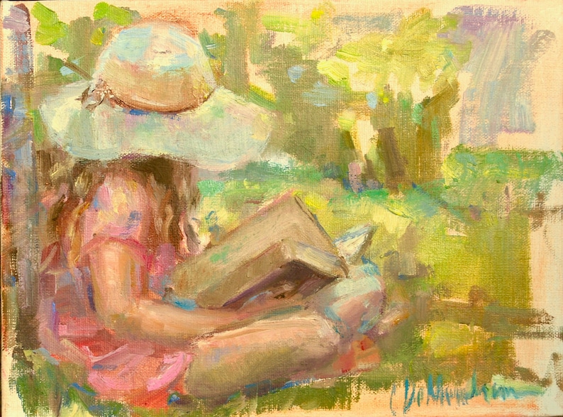 Mother's Day, Print of Little girl reading, For mom, Girl sitting outside, girl with hat in colorful print image 1