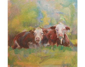 Canvas Gallery Wrap Print, Hereford cows, cows lying down, red and white cows