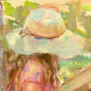 Mother's Day, Print of Little girl reading, For mom, Girl sitting outside, girl with hat in colorful print image 4