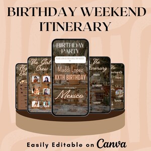 Birthday trip itinerary template, invite travel animated digital girls weekend cute, phone canva digital planner for 32nd birthday