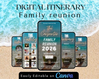 Digital itinerary for family reunion, editable template for family trip, customizable schedule, vacation itinerary