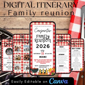 Peut inclure: Itinéraire numérique pour une réunion de famille, avec un motif à carreaux rouges et blancs. L'invitation comprend le texte "Carpenter Family Reunion 2026" et les détails de l'événement à Miami.