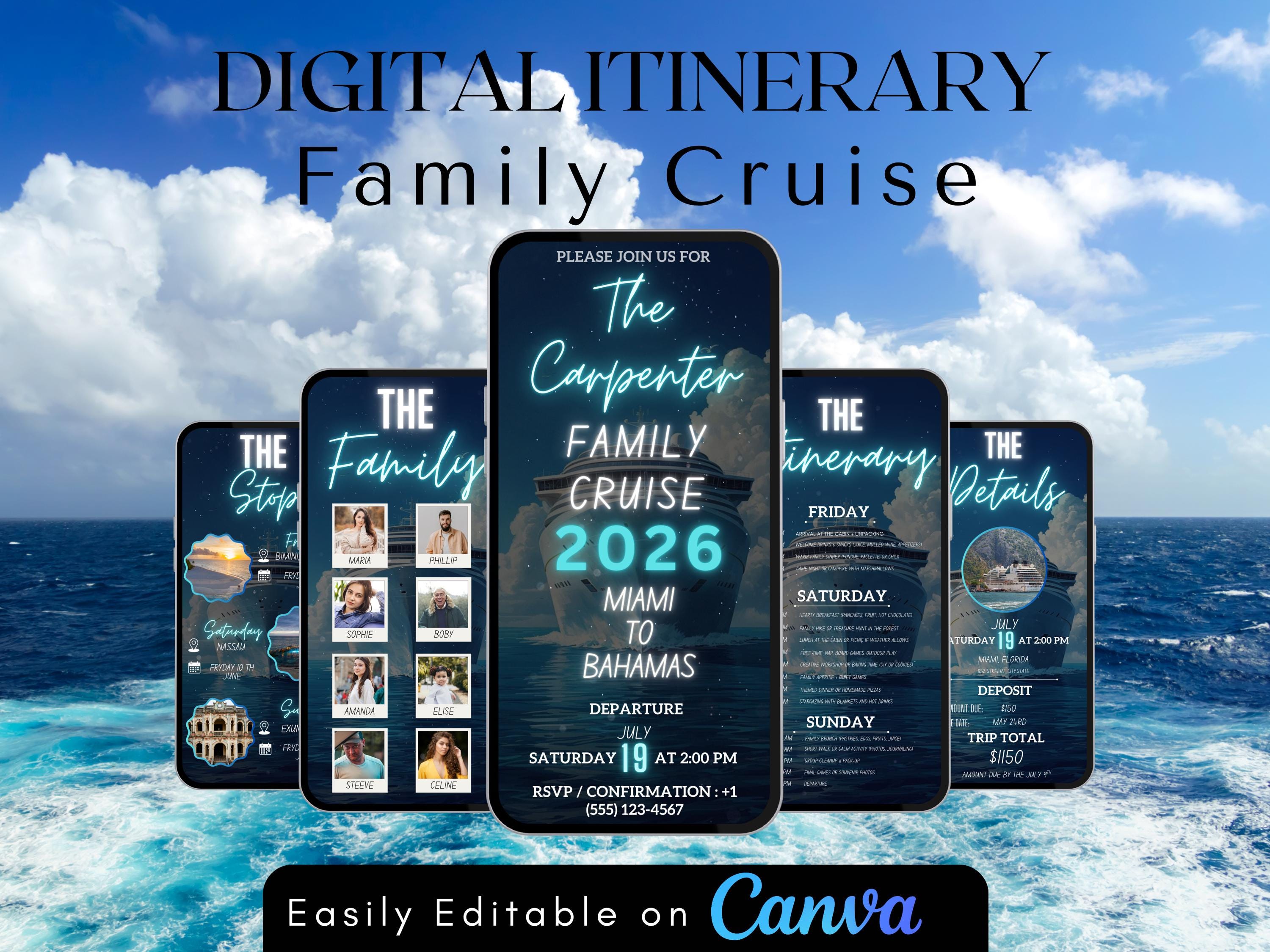 Family cruise template, first luxury itinerary invitation, weekend travel reunion, mobile Canva getaway
