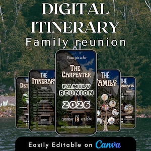 Itinerario digitale per riunioni di famiglia, modello di invito per riunioni, pianificatore di viaggi su strada per il fine settimana Canva