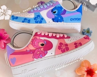 Custom  Air Force 1 Sneakers  Hand Painted Stitch and Angel Themed Ohana Family Shoes