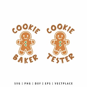 May include: Two gingerbread man designs with the words "Cookie Baker" and "Cookie Tester" in brown text. The gingerbread men have smiling faces and green button details. The bottom of the image includes file type information.