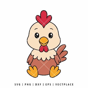 Puede incluir: Ilustración de dibujos animados de una gallina sentada con cresta y barbilla rojas, pico amarillo y patas naranjas. La gallina tiene un cuerpo marrón claro y un cuello blanco con volantes. La imagen incluye el texto "SVG | PNG | DXF | EPS | VECTPLACE".
