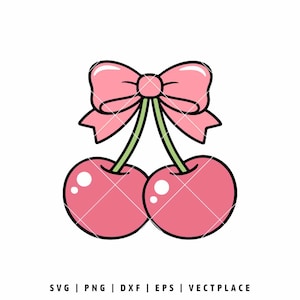 May include: A cartoon illustration of two pink cherries with a pink bow above. The cherries have a white highlight and green stems. The image has the text "SVG | PNG | DXF | EPS | VECTPLACE" at the bottom.