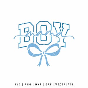 Puede incluir: Diseño gráfico azul y blanco con el texto "mama boy" y un lazo azul.
