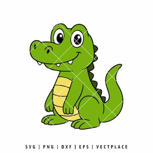 May include: A cartoon illustration of a smiling green alligator with a yellow belly. The alligator has large, friendly eyes and a curved tail. The image includes the text "SVG | PNG | DXF | EPS | VECTPLACE".