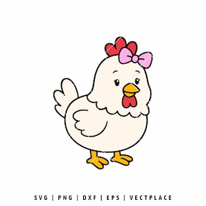 Op de afbeelding: Een cartoon illustratie van een witte kip met een roze strik en rode kam. De kip heeft een gele snavel en poten, en zwarte contouren. De afbeelding bevat de tekst "SVG | PNG | DXF | EPS | VECTPLACE".