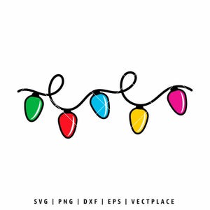 May include: A string of colorful Christmas lights in green, red, blue, yellow, and pink, with black wiring. The image is a vector graphic, with the file types SVG, PNG, DXF, EPS, and VECTPLACE listed at the bottom.