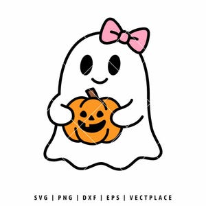 May include: A cartoon ghost illustration holding an orange jack-o'-lantern. The ghost is white with black eyes and a black outline. A pink bow adorns the ghost's head. The image has the text "SVG | PNG | DXF | EPS | VECTPLACE" at the bottom.