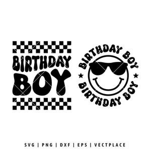 Op de afbeelding: Twee zwart-witte ontwerpen voor een verjaardag. Eén ontwerp zegt "BIRTHDAY BOY" met een dambordpatroon erboven en eronder. Het andere ontwerp is een smiley met een zonnebril en de woorden "BIRTHDAY BOY" eromheen.