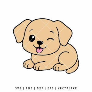 Könnte beinhalten: Cartoon-Illustration eines zwinkernden Welpen in Beige und Schwarz. Der Welpe hat eine schwarze Nase, eine rosa Zunge, die herausragt, und liegt. Das Bild enthält den Text "SVG | PNG | DXF | EPS | VECTPLACE".