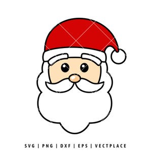 Può includere: Illustrazione a cartoni animati del volto di Babbo Natale. L'immagine presenta un cappello rosso con bordo bianco, barba bianca e viso abbronzato. Il testo in basso recita "SVG | PNG | DXF | EPS | VECTPLACE".