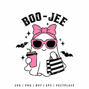 May include: A white ghost illustration with a pink bow, sunglasses, and a coffee cup. The ghost is holding a striped shopping bag. The text "BOO-JEE" is above the ghost, with bats and stars around it.