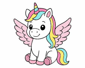 Peut inclure: Illustration de dessin animé d'une licorne blanche avec des ailes roses, une corne arc-en-ciel, une crinière et une queue arc-en-ciel. La licorne est assise avec une expression souriante. L'image comprend le texte "SVG | PNG | DXF | EPS | VECTPLACE".