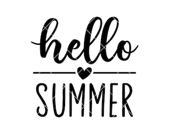 Pode incluir: Design gráfico preto e branco com o texto "hello summer" e um pequeno coração entre as palavras.