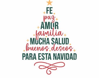 Spanish Christmas Tree SVG PNG | Fe Paz Amor Familia Mucha Salud Quote | Feliz Navidad T-Shirt Design