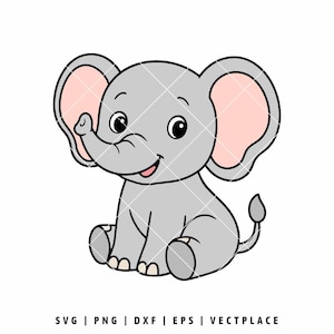 May include: A cartoon illustration of a gray elephant with large pink ears, sitting with a smiling expression. The elephant has a small tail and is outlined in black. The image includes the text "SVG | PNG | DXF | EPS | VECTPLACE".