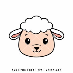 Puede incluir: Ilustración de dibujos animados de la cabeza de una oveja. La oveja tiene una parte superior blanca y esponjosa en forma de nube, orejas forradas de rosa y una cara de color rosa claro. La oveja tiene ojos negros grandes y una nariz y boca negras pequeñas. Incluye el texto "SVG | PNG | DXF | EPS | VECTPLACE".