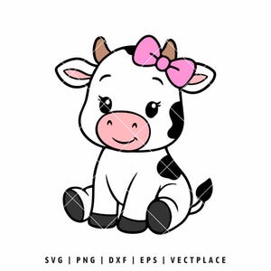 May include: A cartoon illustration of a seated cow with a pink bow, black spots, and a smiling face. The cow is primarily white with black accents and a pink nose. The image includes the text "SVG | PNG | DXF | EPS | VECTPLACE".